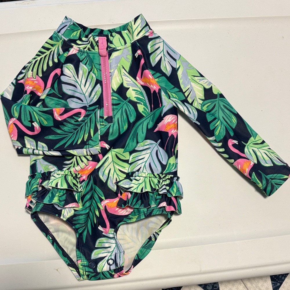 Carter's Green and Pink Leaf Print Kids Rashguard Swimsuit 6 months